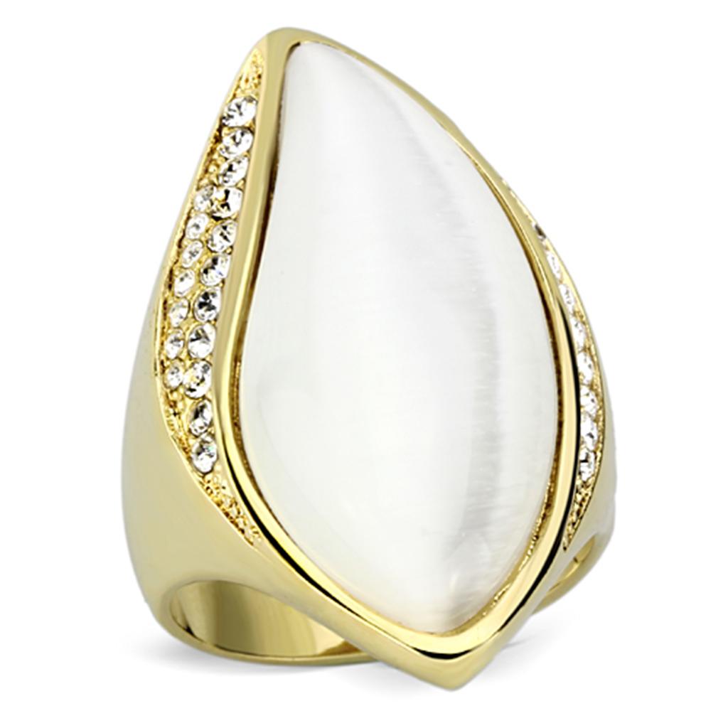 VL082 - IP Gold(Ion Plating) Brass Ring with Synthetic Cat Eye in White-0
